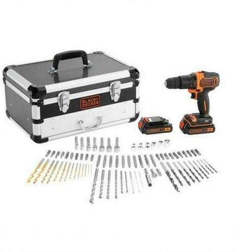 Black&decker - trapano avvitatore a percussione con doppia batteria 18v in valigetta premium con cassetto contente 80 accessori confezionati in due