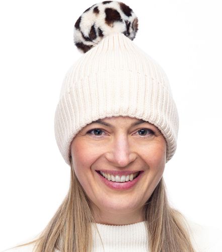 Cappello in maglia a coste con pom pom leopardato