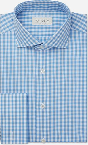 Camicia quadro gingham azzurro 100% cotone wrinkle free popeline, collo stile collo francese basso, polso da gemelli